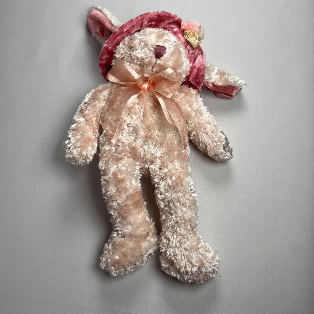 Dan Dee Collector's Plush Girl Teddy Bear Pink Velvet Hat W Pink Rose & Feathers